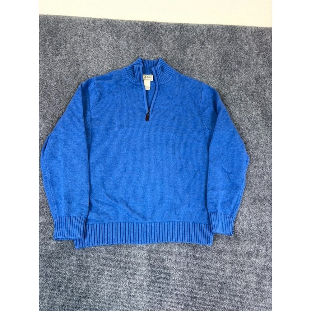 LL Bean 1/4 Zip Blue Sweater 100% cotton Mock Neck Long Sleeve Pullover Size M